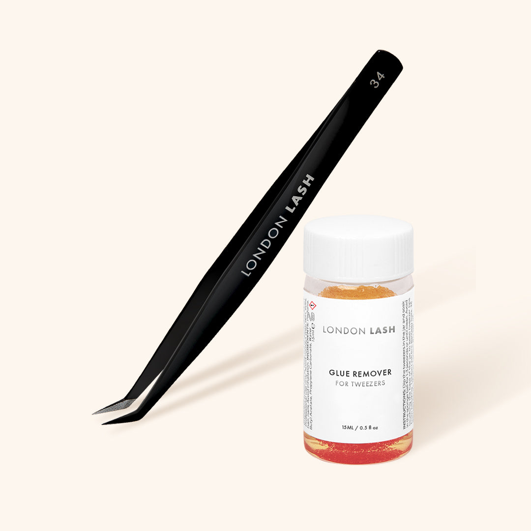 Fiber tip lash tweezers with lash glue remover