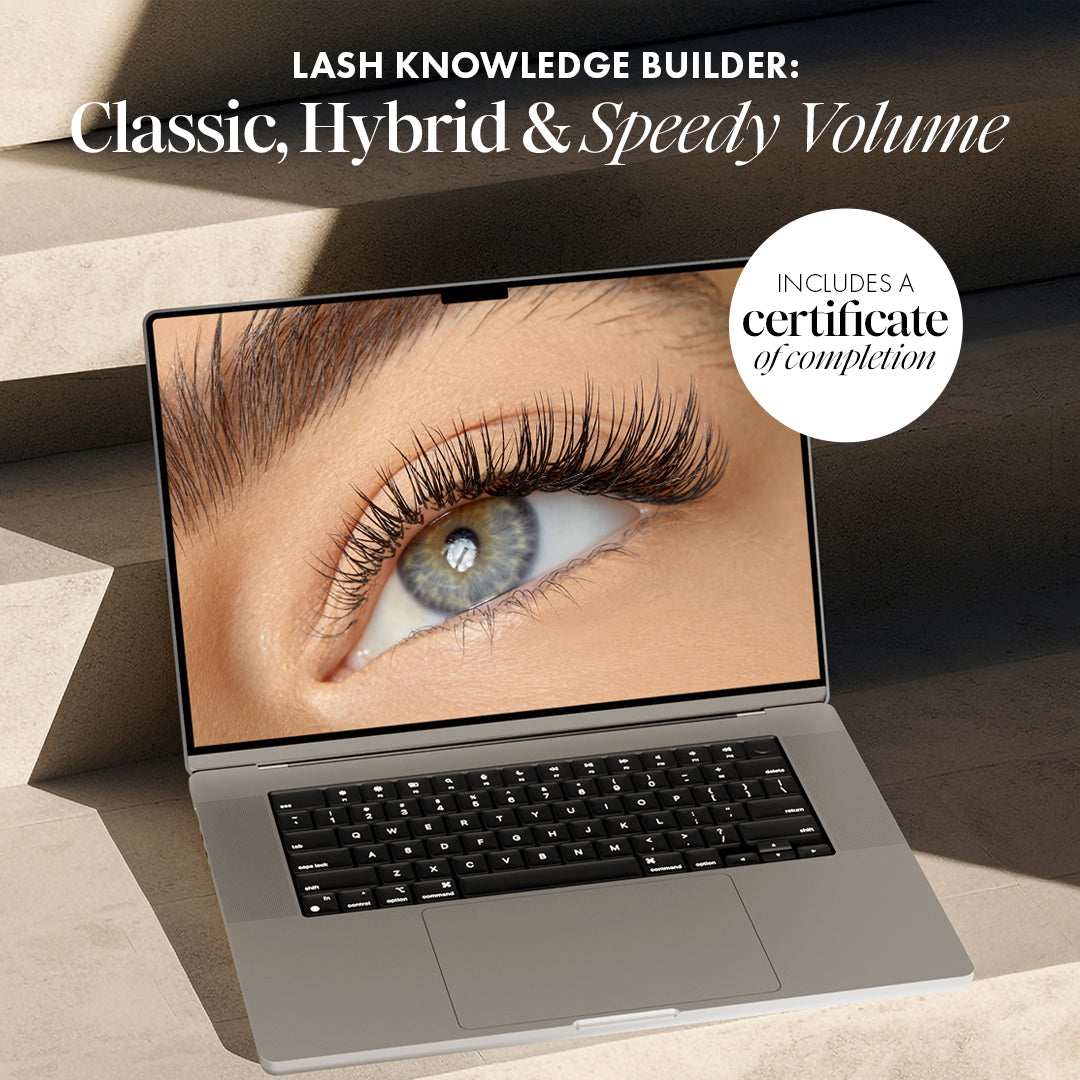 Lash extension training program featuring classic, hybrid, and speedy volume techniques on a laptop screen.