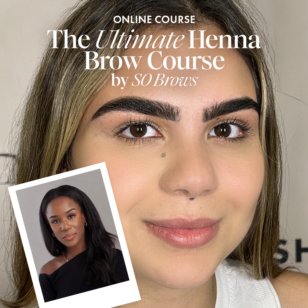Model showcasing results of the Ultimate Henna Brow Course by SO Brows, highlighting flawless henna brows.