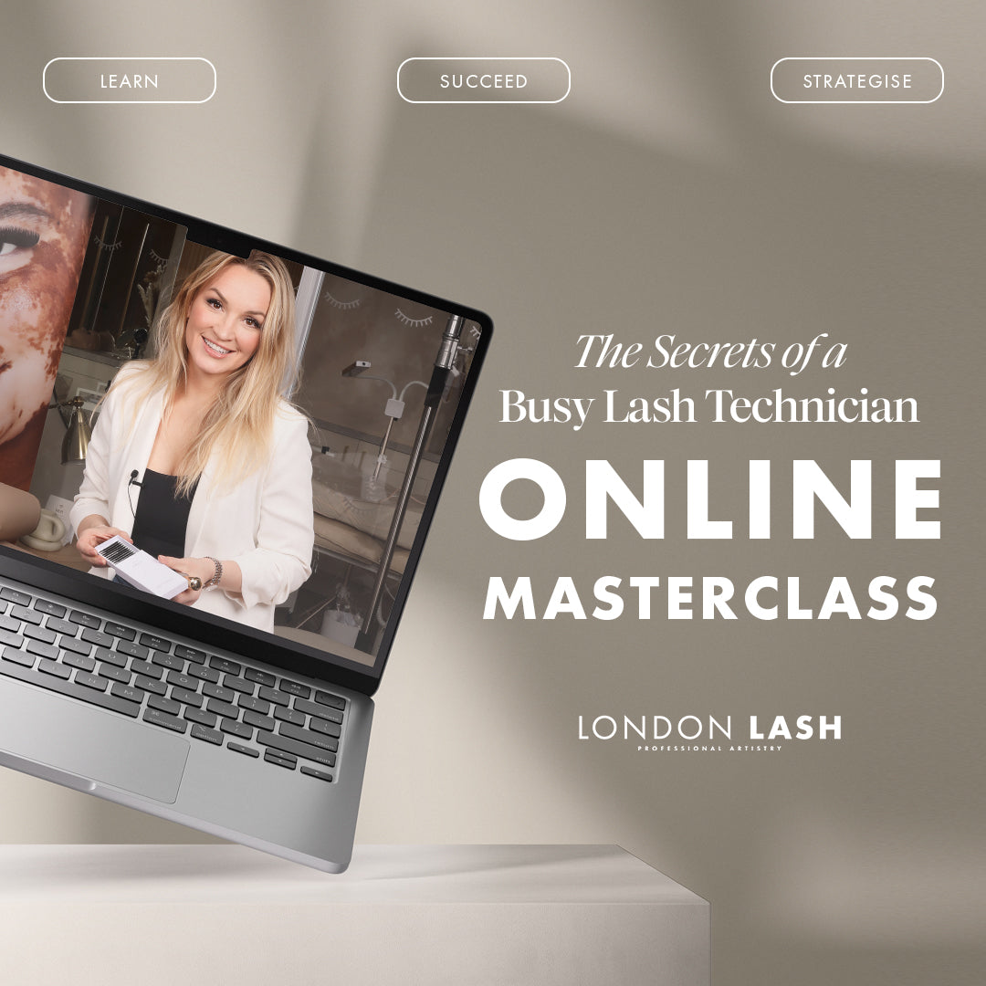 The Secrets of a Busy Lash Technician ONLINE MASTERCLASS on a laptop screen featuring expert Hanna Putjato, promoting online lash course.