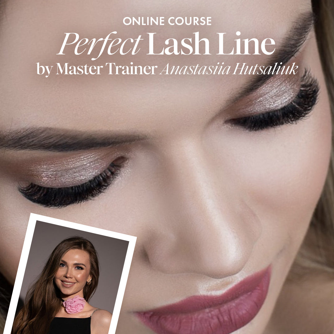 Close-up of a model with perfect lash line showcasing advanced lash styling techniques in an online course.