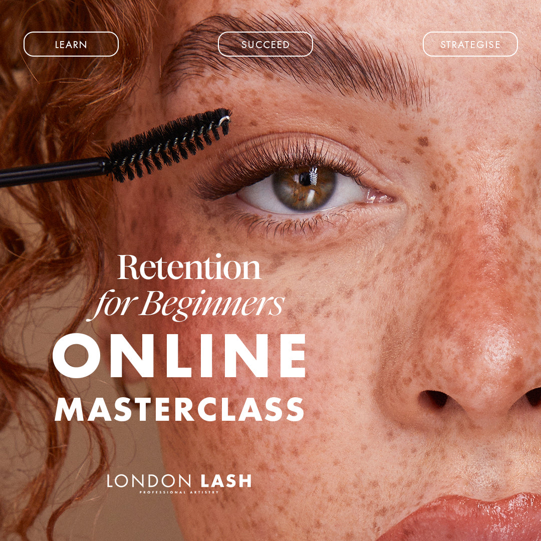 Lash retention masterclass for beginners showcasing a model applying mascara in an online setting.