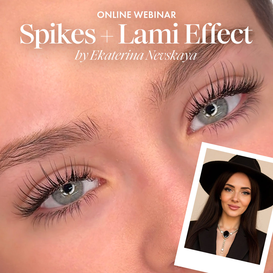 Close-up of wet look lashes featured in Spikes + Lami Effect online webinar by Ekaterina Nevskaya.