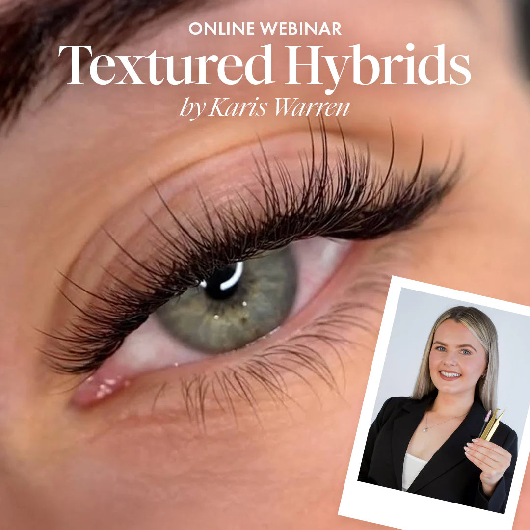 Close-up of textured hybrid lash extensions showcased in webinar by Karis Warren, featuring enhanced volume and dimension.