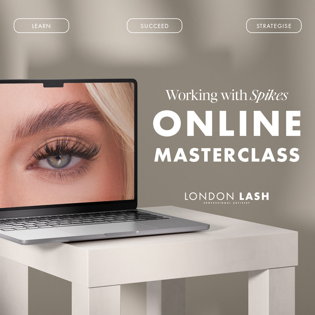 Close-up of a model's eye showcasing wispy lash extensions during the Working with Spikes Online Masterclass.