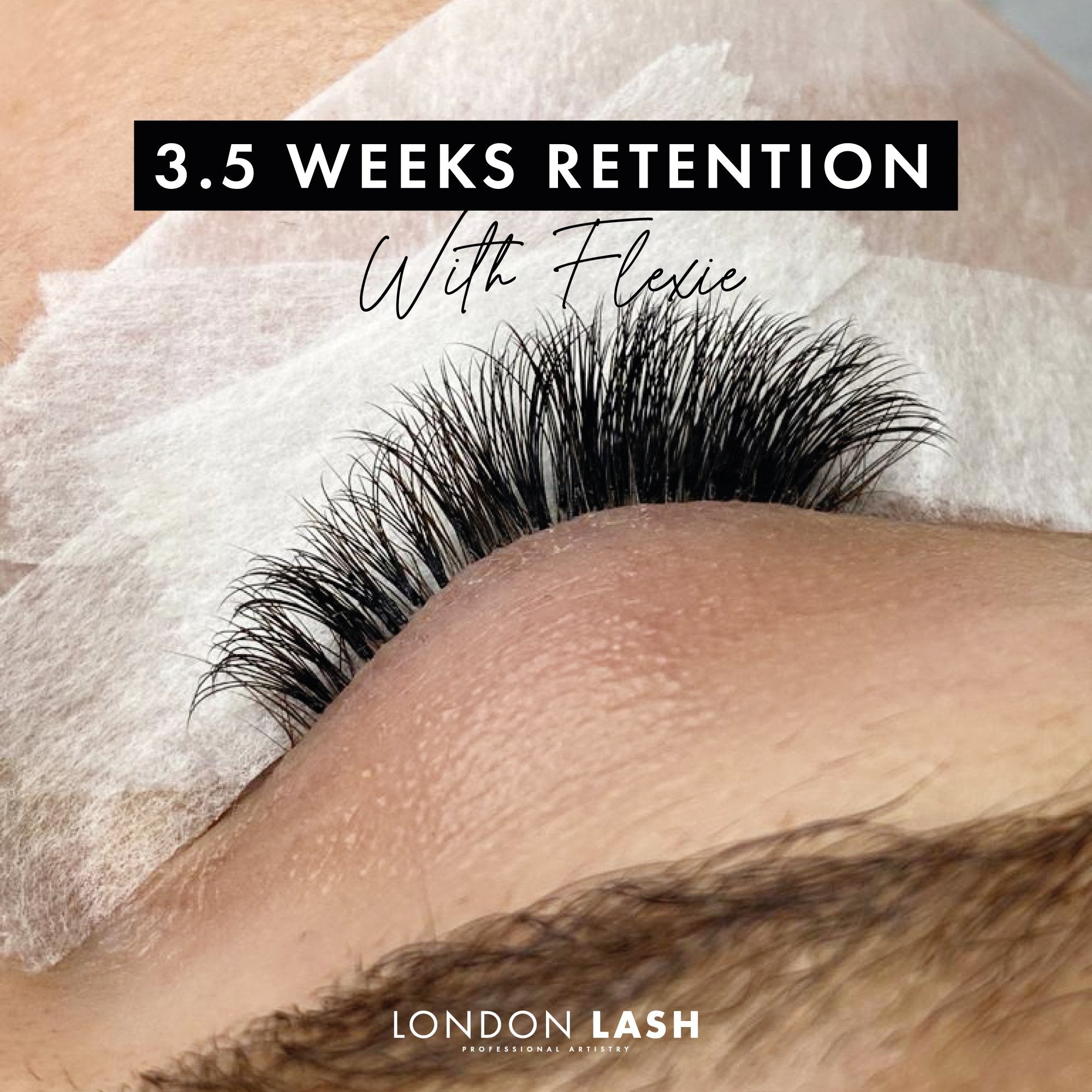 3.5 weeks retention of eyelash extensions with Flexie Lash Adhesive, demonstrating strong bonding and long-lasting results.