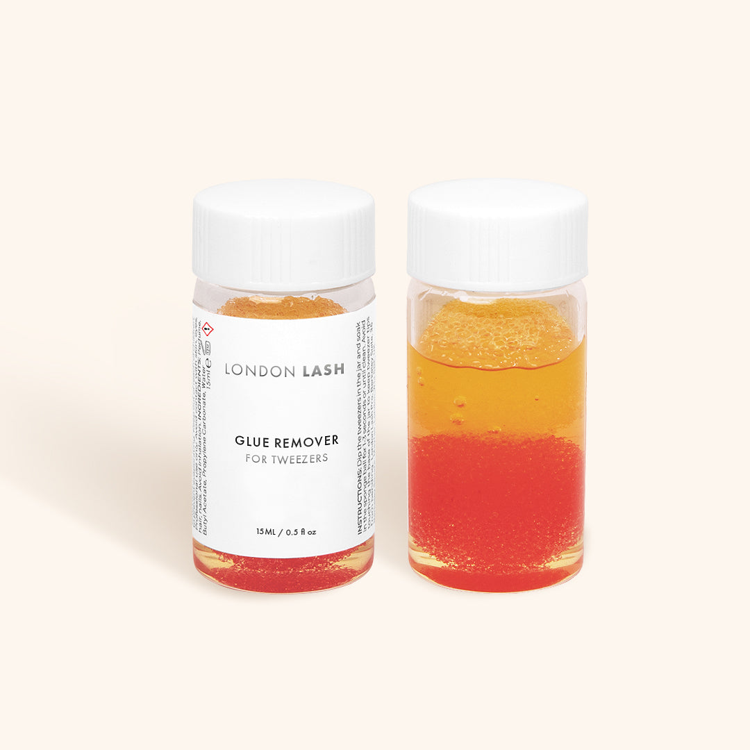 Front and Back of Glue Remover For Tweezers Container